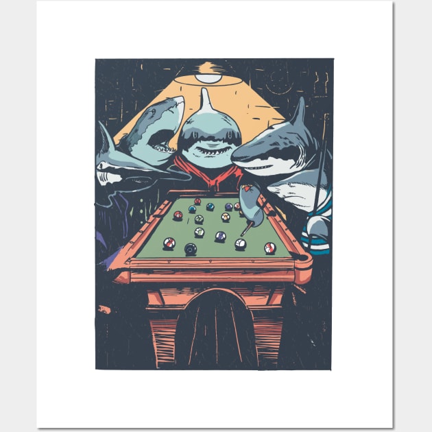 Sharks Playing Pool Billard Wall Art by Watersolution